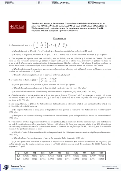 Vista previa de Examen PAU de Matemáticas CCSS de Castilla-La Mancha 2014 – Ordinaria