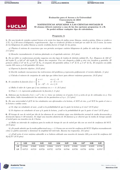 Vista previa de Examen PAU de Matemáticas CCSS de Castilla-La Mancha 2019 – Extraordinaria