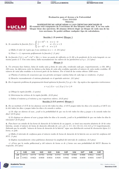 Vista previa de Examen PAU de Matemáticas CCSS de Castilla-La Mancha 2020 – Ordinaria