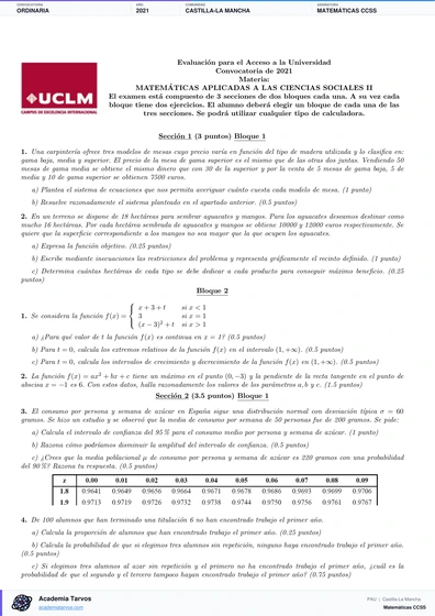 Vista previa de Examen PAU de Matemáticas CCSS de Castilla-La Mancha 2021 – Ordinaria