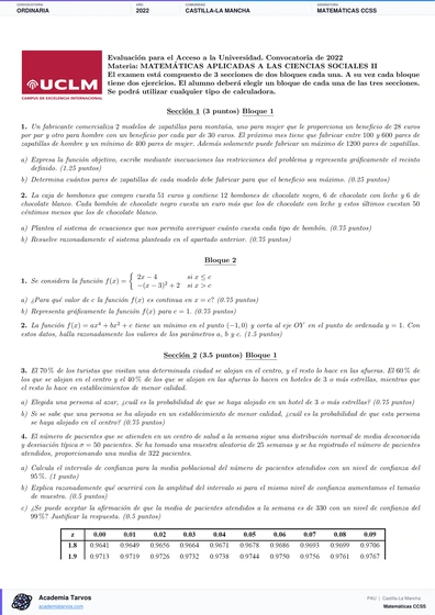 Vista previa de Examen PAU de Matemáticas CCSS de Castilla-La Mancha 2022 – Ordinaria