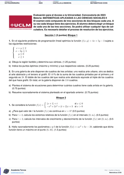 Vista previa de Examen PAU de Matemáticas CCSS de Castilla-La Mancha 2023 – Extraordinaria