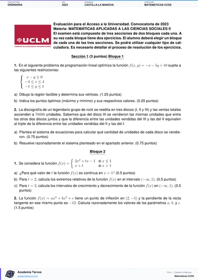 Vista previa de Examen PAU de Matemáticas CCSS de Castilla-La Mancha 2023 – Ordinaria