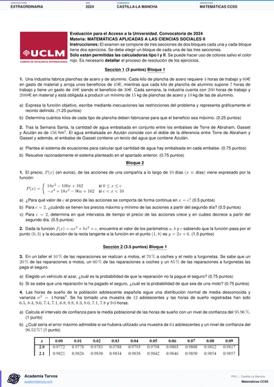 Vista previa de Examen PAU de Matemáticas CCSS de Castilla-La Mancha 2024 – Extraordinaria