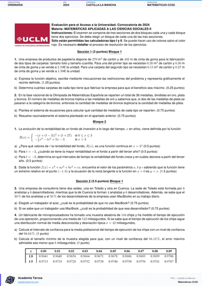 Vista previa de Examen PAU de Matemáticas CCSS de Castilla-La Mancha 2024 – Ordinaria