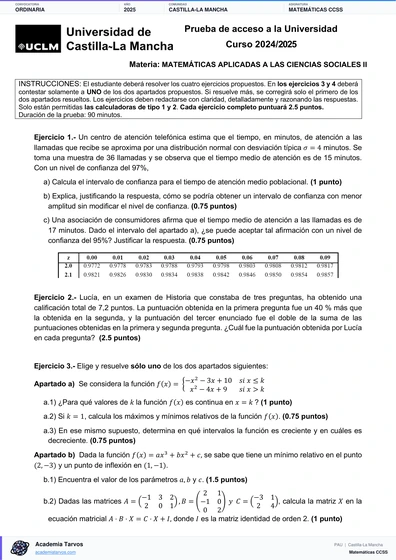 Vista previa de Examen PAU de Matemáticas CCSS de Castilla-La Mancha 2025 – Ordinaria