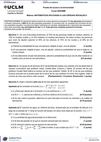 Vista previa de Examen PAU de Matemáticas CCSS de Castilla-La Mancha 2026 – Extraordinaria