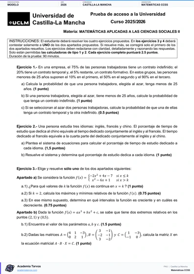 Vista previa de Modelo PAU de Matemáticas CCSS de Castilla-La Mancha 2026