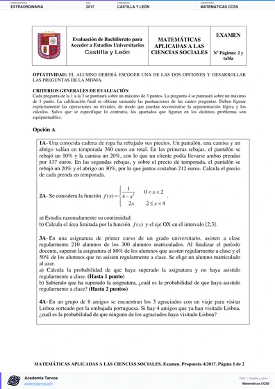 Vista previa de Examen PAU de Matemáticas CCSS de Castilla y León 2017 – Extraordinaria