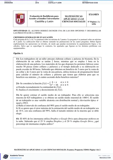 Vista previa de Examen PAU de Matemáticas CCSS de Castilla y León 2018 – Ordinaria