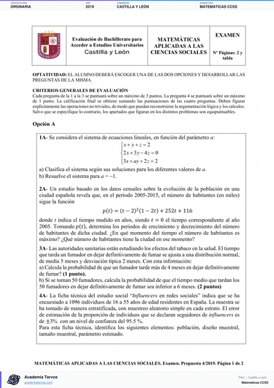 Vista previa de Examen PAU de Matemáticas CCSS de Castilla y León 2019 – Ordinaria