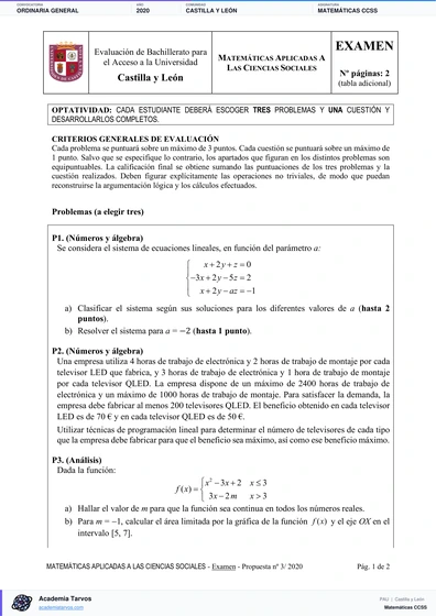 Vista previa de Examen PAU de Matemáticas CCSS de Castilla y León 2020 – Ordinaria General