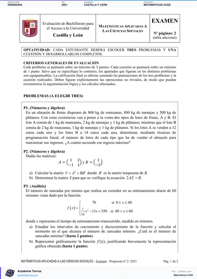 Vista previa de Examen PAU de Matemáticas CCSS de Castilla y León 2021 – Ordinaria