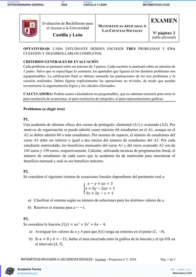Vista previa de Examen PAU de Matemáticas CCSS de Castilla y León 2024 – Extraordinaria General