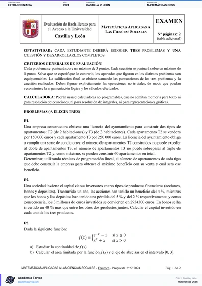 Vista previa de Examen PAU de Matemáticas CCSS de Castilla y León 2024 – Extraordinaria