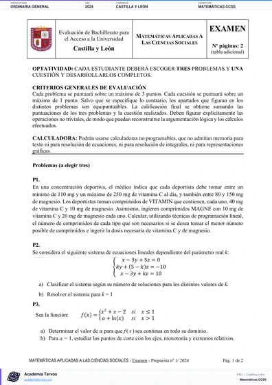 Vista previa de Examen PAU de Matemáticas CCSS de Castilla y León 2024 – Ordinaria General