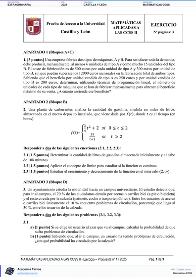 Vista previa de Examen PAU de Matemáticas CCSS de Castilla y León 2025 – Extraordinaria