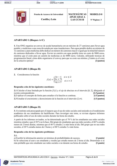 Vista previa de Modelo PAU de Matemáticas CCSS de Castilla y León 2026