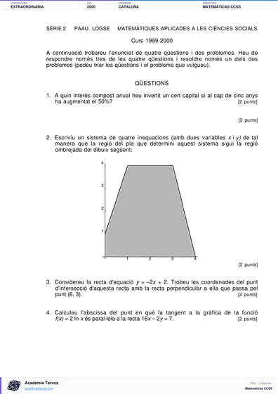 Vista previa de Examen PAU de Matemáticas CCSS de Cataluña 2000 – Extraordinaria
