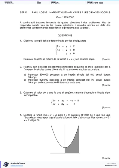 Vista previa de Examen PAU de Matemáticas CCSS de Cataluña 2000 – Ordinaria