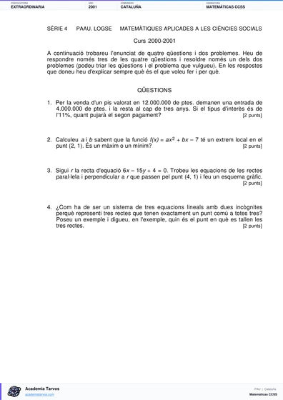 Vista previa de Examen PAU de Matemáticas CCSS de Cataluña 2001 – Extraordinaria