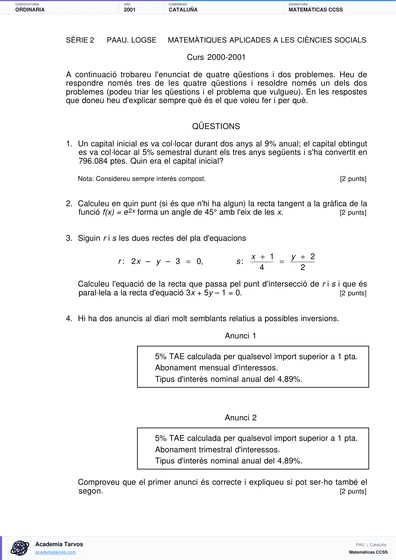 Vista previa de Examen PAU de Matemáticas CCSS de Cataluña 2001 – Ordinaria