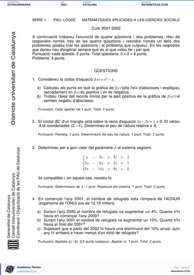 Vista previa de Examen PAU de Matemáticas CCSS de Cataluña 2002 – Extraordinaria