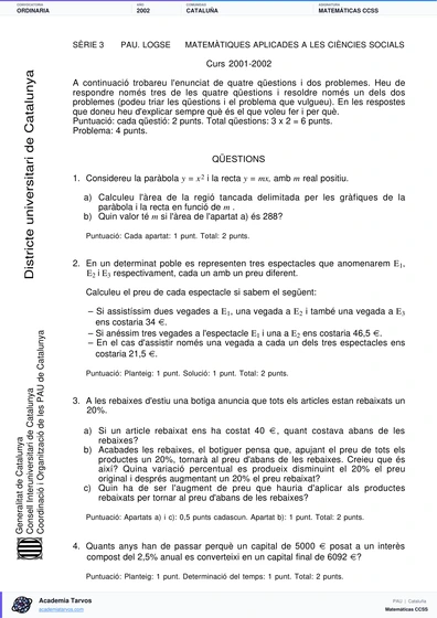 Vista previa de Examen PAU de Matemáticas CCSS de Cataluña 2002 – Ordinaria