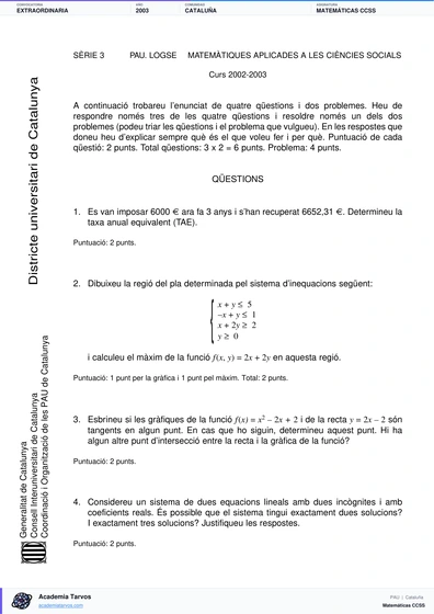 Vista previa de Examen PAU de Matemáticas CCSS de Cataluña 2003 – Extraordinaria