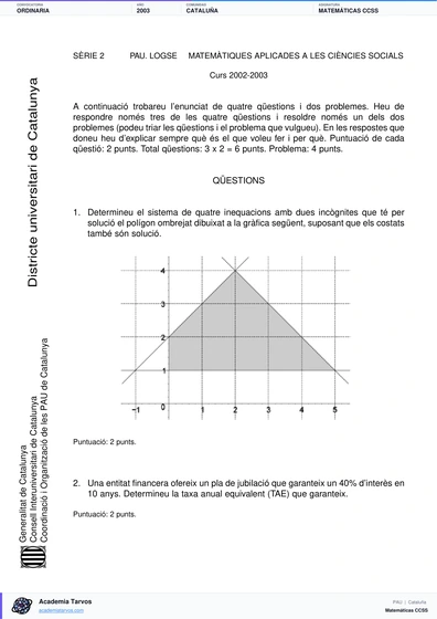Vista previa de Examen PAU de Matemáticas CCSS de Cataluña 2003 – Ordinaria