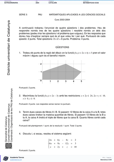 Vista previa de Examen PAU de Matemáticas CCSS de Cataluña 2004 – Extraordinaria