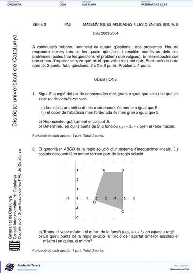 Vista previa de Examen PAU de Matemáticas CCSS de Cataluña 2004 – Ordinaria