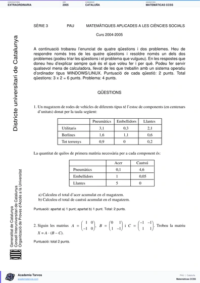 Vista previa de Examen PAU de Matemáticas CCSS de Cataluña 2005 – Extraordinaria