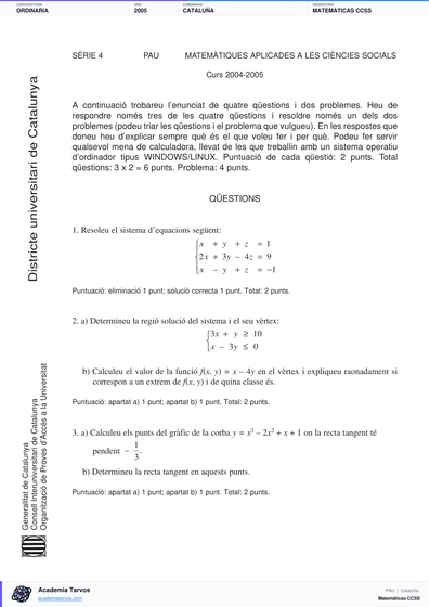 Vista previa de Examen PAU de Matemáticas CCSS de Cataluña 2005 – Ordinaria