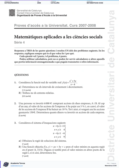 Vista previa de Examen PAU de Matemáticas CCSS de Cataluña 2008 – Extraordinaria