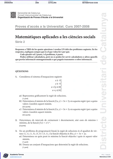 Vista previa de Examen PAU de Matemáticas CCSS de Cataluña 2008 – Ordinaria