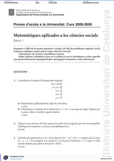 Vista previa de Examen PAU de Matemáticas CCSS de Cataluña 2009 – Extraordinaria