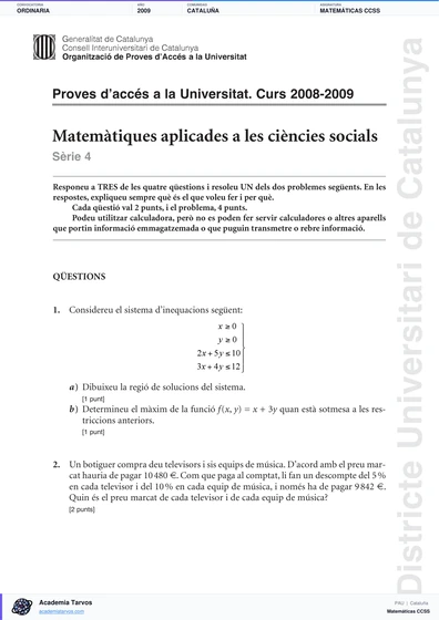 Vista previa de Examen PAU de Matemáticas CCSS de Cataluña 2009 – Ordinaria