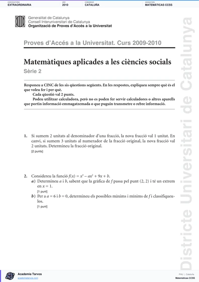 Vista previa de Examen PAU de Matemáticas CCSS de Cataluña 2010 – Extraordinaria