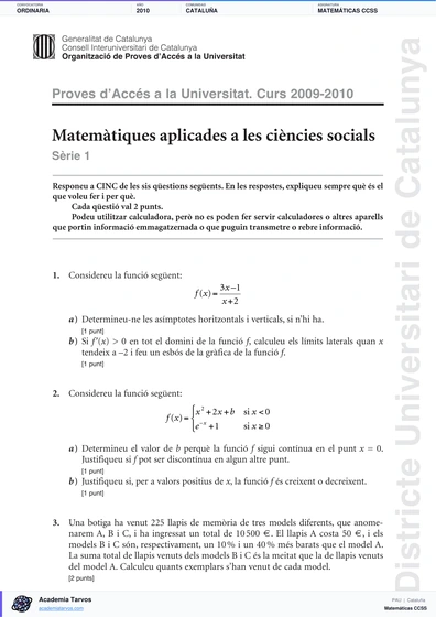 Vista previa de Examen PAU de Matemáticas CCSS de Cataluña 2010 – Ordinaria