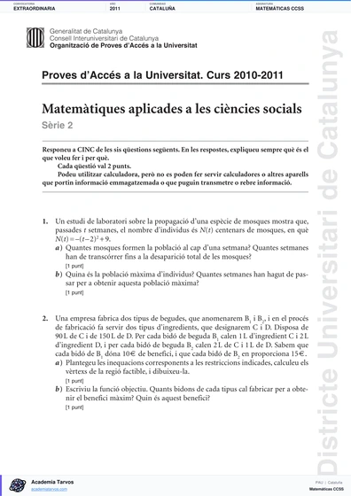 Vista previa de Examen PAU de Matemáticas CCSS de Cataluña 2011 – Extraordinaria