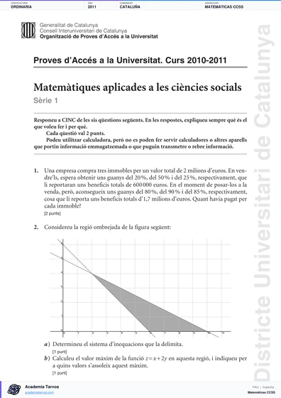 Vista previa de Examen PAU de Matemáticas CCSS de Cataluña 2011 – Ordinaria