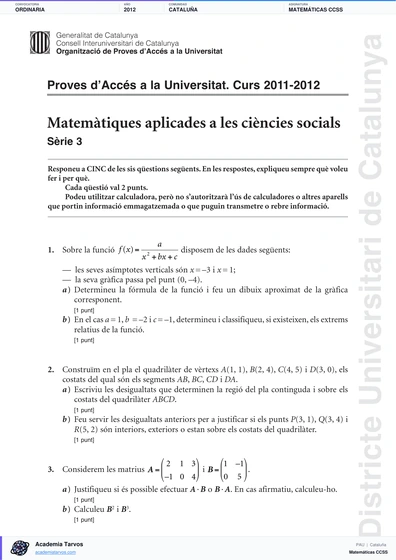 Vista previa de Examen PAU de Matemáticas CCSS de Cataluña 2012 – Ordinaria