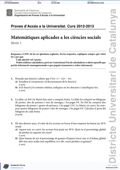 Vista previa de Examen PAU de Matemáticas CCSS de Cataluña 2013 – Extraordinaria