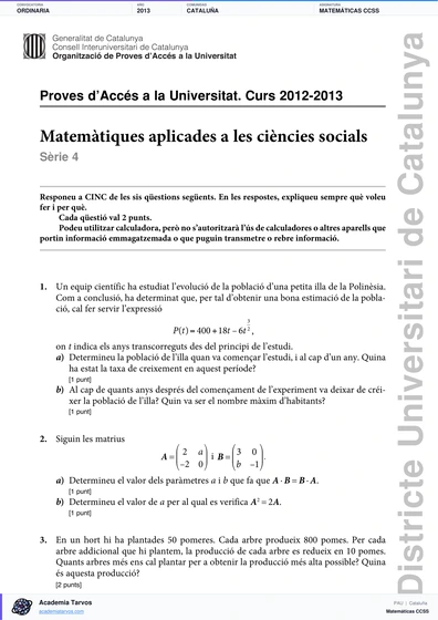Vista previa de Examen PAU de Matemáticas CCSS de Cataluña 2013 – Ordinaria