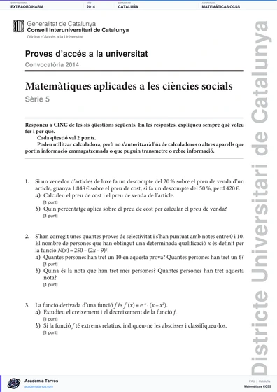 Vista previa de Examen PAU de Matemáticas CCSS de Cataluña 2014 – Extraordinaria
