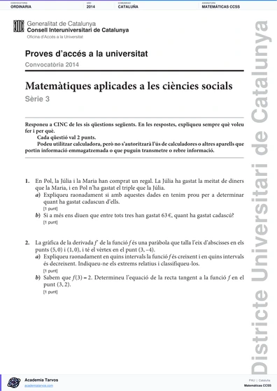Vista previa de Examen PAU de Matemáticas CCSS de Cataluña 2014 – Ordinaria