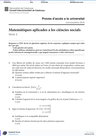 Vista previa de Examen PAU de Matemáticas CCSS de Cataluña 2016 – Ordinaria