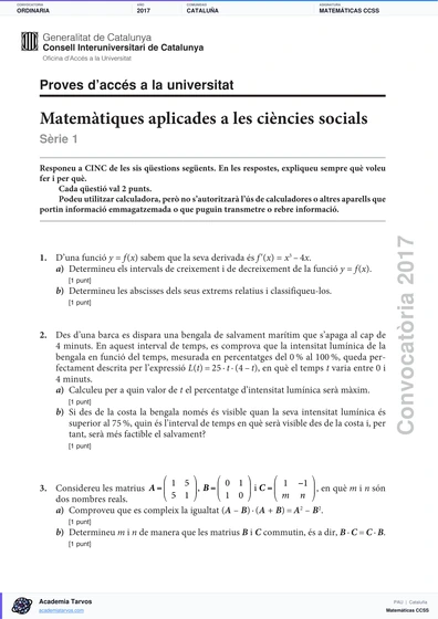 Vista previa de Examen PAU de Matemáticas CCSS de Cataluña 2017 – Ordinaria