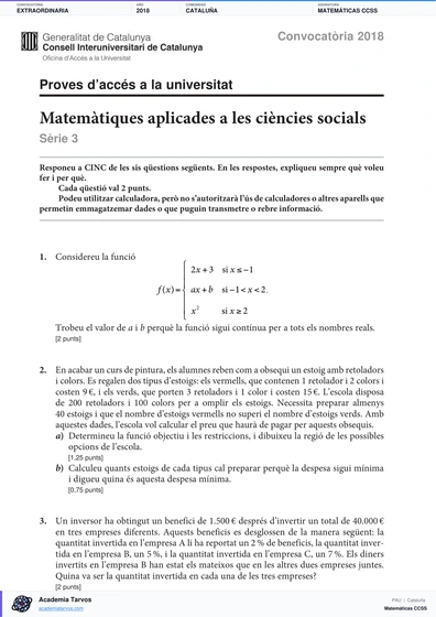 Vista previa de Examen PAU de Matemáticas CCSS de Cataluña 2018 – Extraordinaria